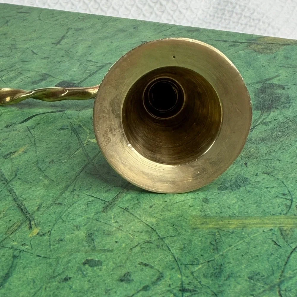 VTG Etched Brass Candle Snuffer Twisted Handle Floral Bell 12 Inch Made in India